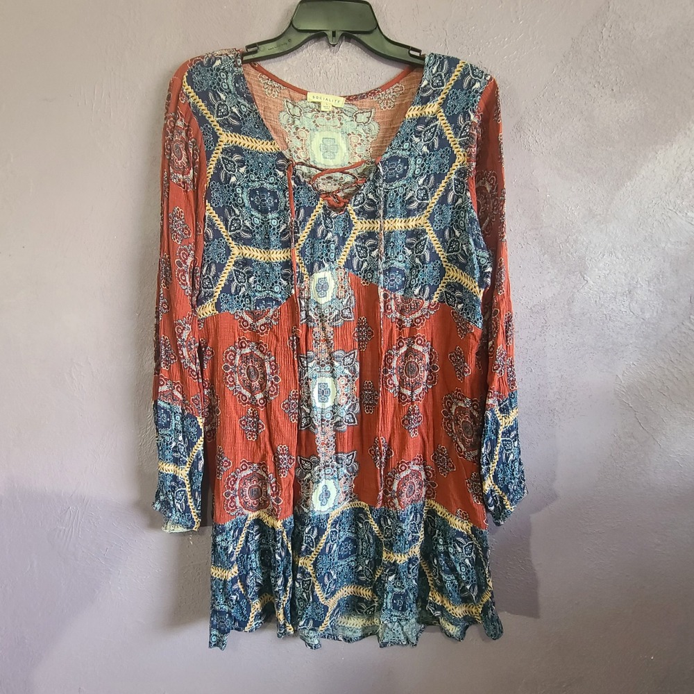Socialite Tunic Top Dress Women Large Rust Blue Paisley Lace-up Boho Long Sleeve